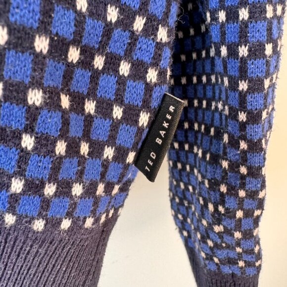 Ted Baker Blue Geometric Checks Wool Blend Crewneck Sweater - Picture 6 of 9